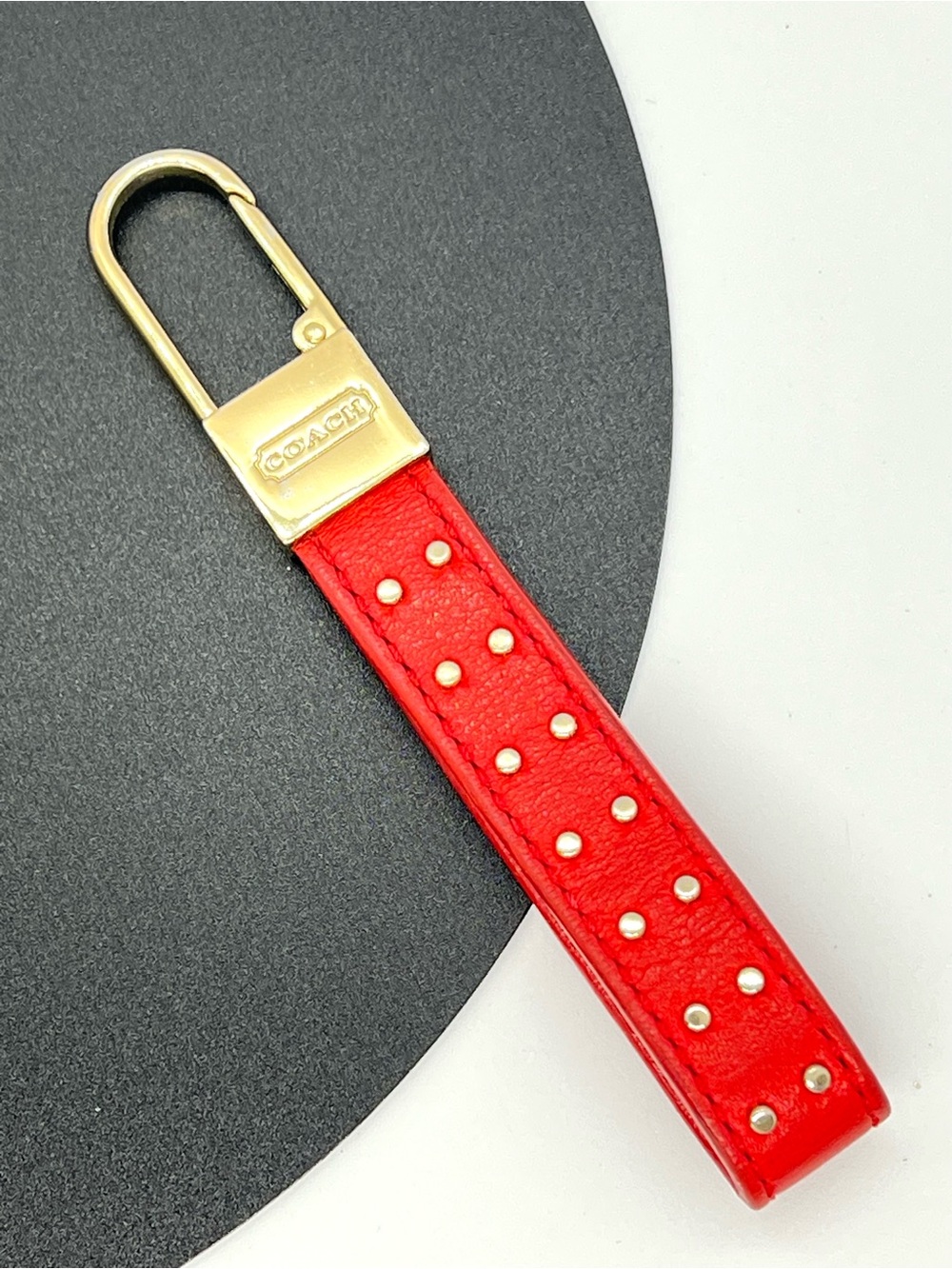 Vintage Y2K Coach Studded Red Leather Loop Valet Keychain Key Fob Gold Tone